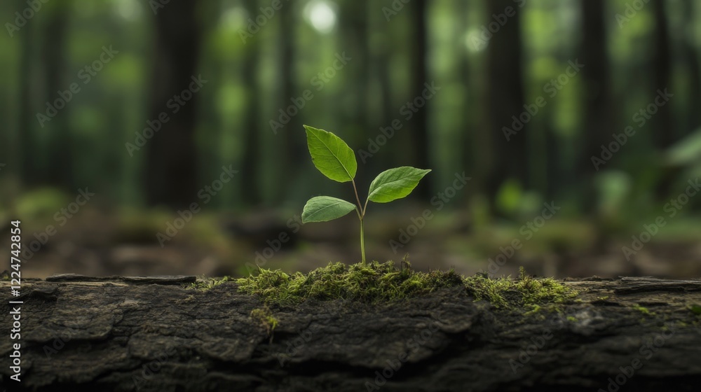 Small green sprout growing from mossy log in forest. Small green sprout growing from mossy log in forest.