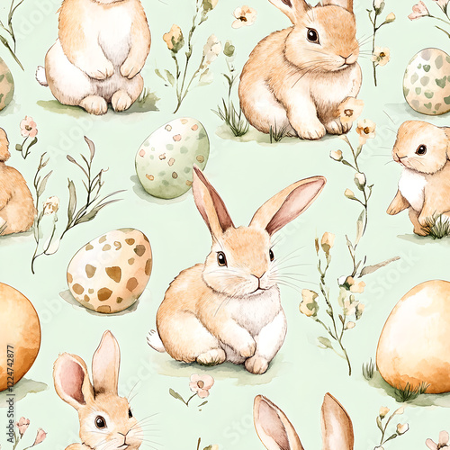 Light green bunny seamless pattern watercolor eggs soft Easter spring design