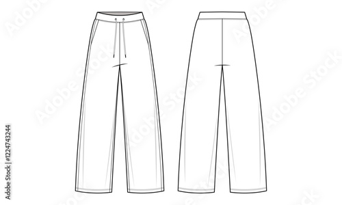Loungewear Pants Technical Fashion Illustration. Jogging Pants with Elasticated Waist and Adjustable Drawstring Vector Template. Front and Back View. Relaxed Fit. Spring summer. CAD Mockup Set.
