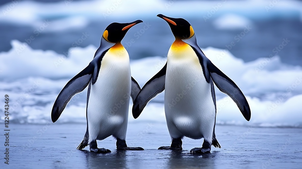 Fototapeta premium Group of Penguins Standing on an Icy Shore in Antarctica: A Majestic Winter Scene