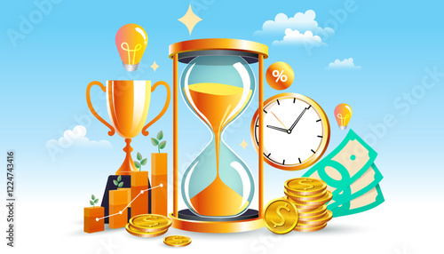 A giant hourglass is surrounded by financial symbols, a trophy, and a growth graph. This vector represents time is money, long-term investment, and the path to business success.