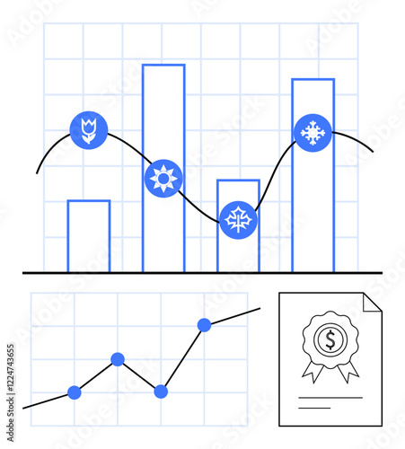 Bar chart and line graph with seasonal icons, fluctuating data lines, financial document. Ideal for analytics, business planning, market trends, growth analysis, finance, forecasting abstract line