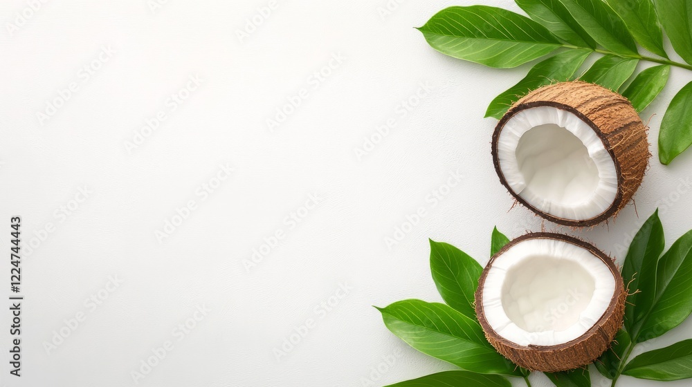 A half of coconut with leaves on white background. A half of coconut with leaves on white background.
