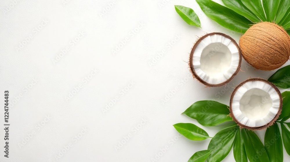 A half of coconut with leaves on white background. A half of coconut with leaves on white background.