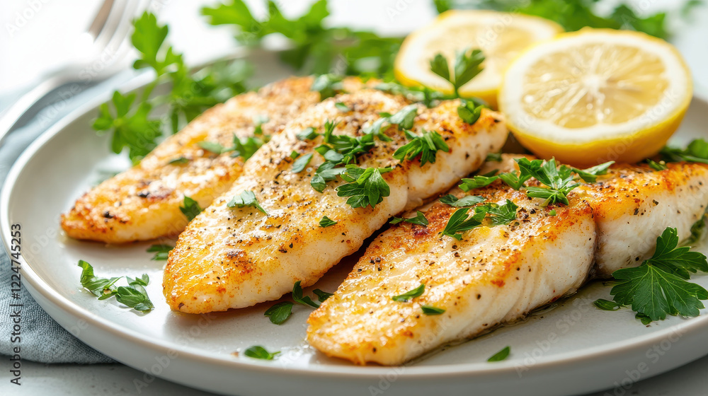Grilled fish fillets garnished with fresh herbs and lemon slices on plate Grilled fish fillets garnished with fresh herbs and lemon slices on plate