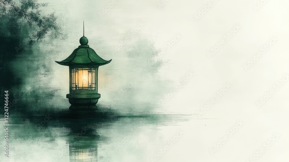 Lighted lantern, misty scene, tranquil reflection. Lighted lantern, misty scene, tranquil reflection.