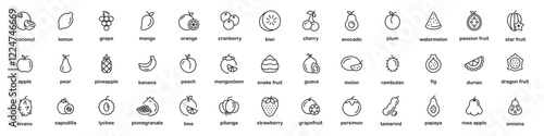 Fruits Stroke icon collections. Fruits - thin line web icon set. Outline icons collection. Simple vector illustration. Strawberry, peach, apple, raspberry, pear, banana, orange