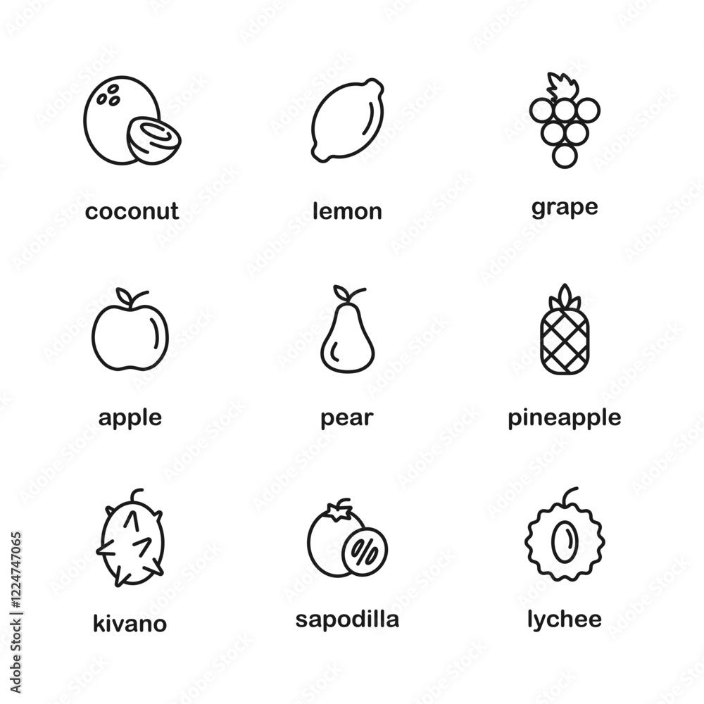Fruits icon set. Coconut, lemon, grape, pear, pineapple, kivano, sapodilla, lychee. Fruits line icon Fruits icon set. Coconut, lemon, grape, pear, pineapple, kivano, sapodilla, lychee. Fruits line icon