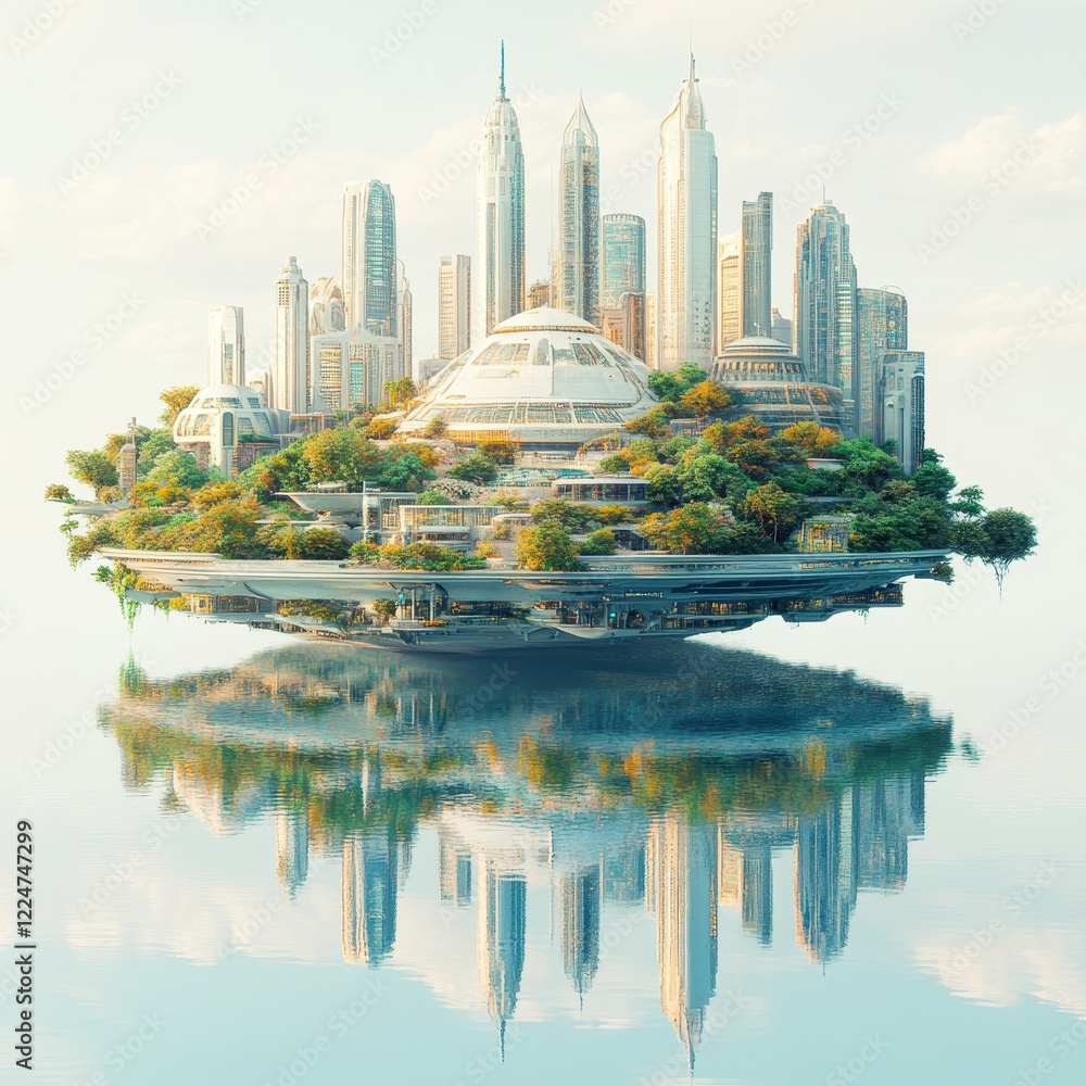 Fototapeta premium Futuristic Floating City with Reflection in Water
