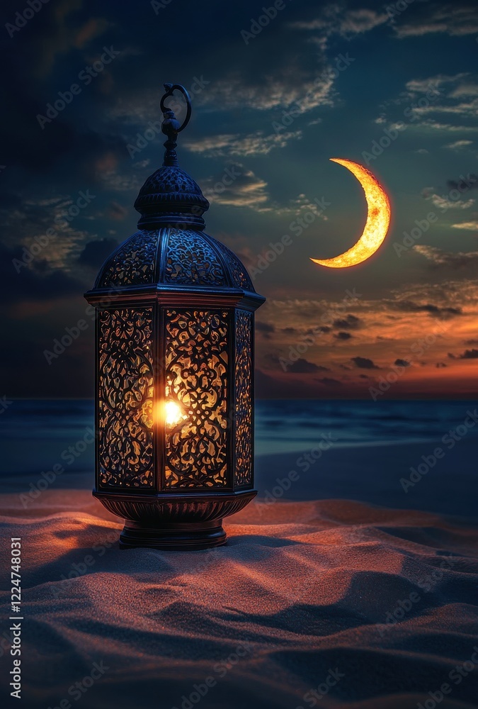 Warm Light and Serene Moonlit Beach with Lantern at Night Warm Light and Serene Moonlit Beach with Lantern at Night