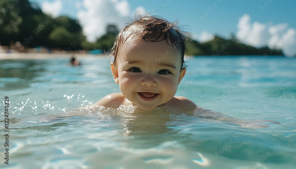 A baby enjoying a swim in crystal-clear water, encapsulating the fun and innocence of summer - A baby enjoying a swim in crystal-clear water, encapsulating the fun and innocence of summer -