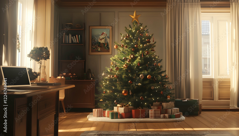A beautifully decorated Christmas tree centered in a cozy room, accompanied by a laptop on a nearby table - A beautifully decorated Christmas tree centered in a cozy room, accompanied by a laptop on a nearby table -