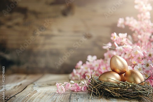 Glossy shinny Intricate golden Glossy shinny Intricate golden Easter poster and blank banner template on wooden background without text , on the extreme right third of an image, rule of thirds