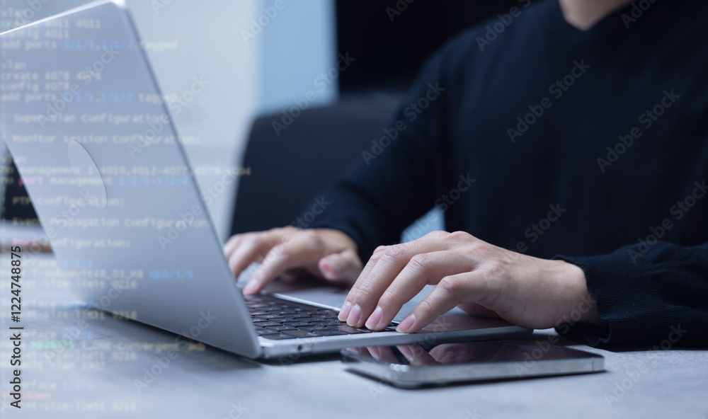 close up programmer man hand (employee) typing computer language (binary code) to input on security system to protect and prevent malware (virus) for cyber security concept close up programmer man hand (employee) typing computer language (binary code) to input on security system to protect and prevent malware (virus) for cyber security concept