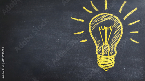A bright yellow chalk doodle of a lightbulb against a plain blackboard background, symbolizing innovation and creativity  -