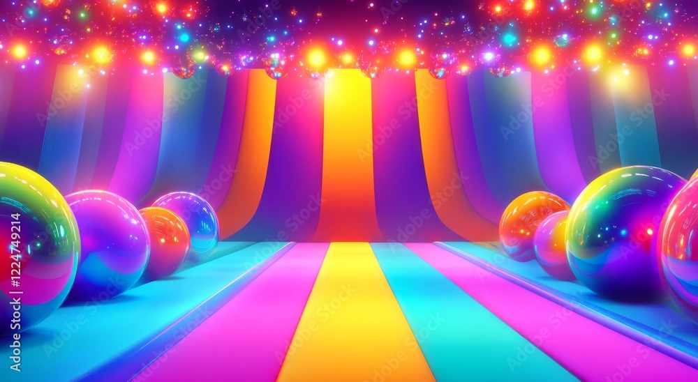 Fototapeta premium A vibrant stage with colorful balls, rainbow stripes, and lights in a cartoon style,