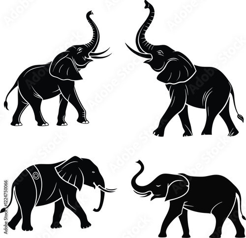 Cute cartoon elephant, black and white illustration, bold linework, stylized, big ears