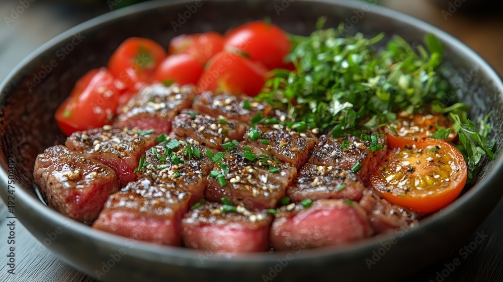 pan fried pork meat with vegetables on the black plate pan fried pork meat with vegetables on the black plate