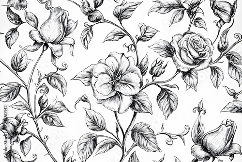 Wallpaper Mural Elegant black and white floral pattern featuring roses and leaves, suitable for wallpaper or textiles Torontodigital.ca