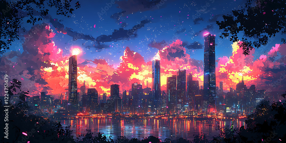 Fototapeta premium Stunning digital art depicting a vibrant cityscape at sunset. Pink and orange hues paint the sky, reflected in a calm body of water.
