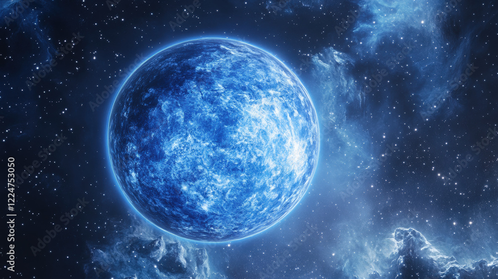 Fototapeta premium Glowing Blue Planet Floating in Deep Space