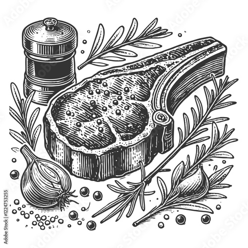 grilled steak garnished with rosemary herbs, capturing a classic culinary presentation sketch engraving generative ai vector illustration. Scratch board imitation. Black and white image.