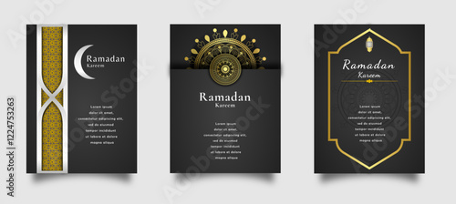 ramadan eid card poster template black and gold luxury color with mandala art design and arch 
