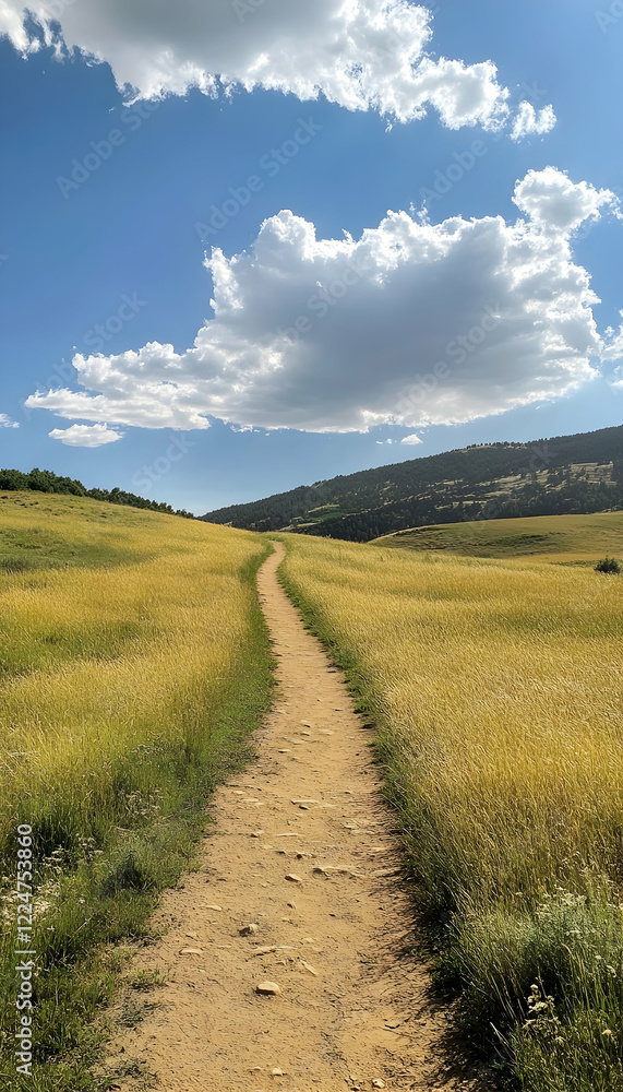 Obraz premium A scenic landscape featuring a dirt path through golden fields under a blue sky -