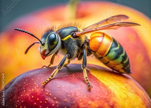 Macro Photo of a Giant Scolia Wasp on a Ripe Peach photo