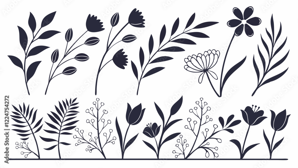 Fototapeta premium Wild Flower Silhouette Vector, lower Silhouette Vector, Leaf Elements Vector, Black and White Flowers