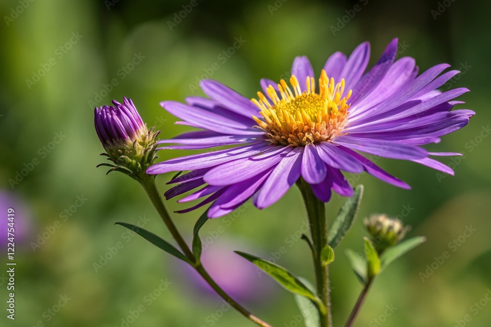 Macro Purple Flower with Yellow Center, Vibrant Green Background - Stock Photo Macro Purple Flower with Yellow Center, Vibrant Green Background - Stock Photo
