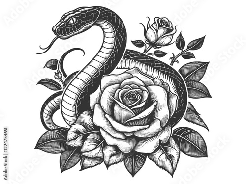 snake with its fangs bared, surrounded by blooming roses and leaves, blending danger and beauty sketch engraving generative ai vector illustration. Scratch board imitation. Black and white image.