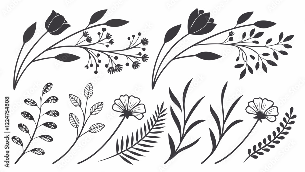 Fototapeta premium Wild Flower Silhouette Vector, lower Silhouette Vector, Leaf Elements Vector, Black and White Flowers