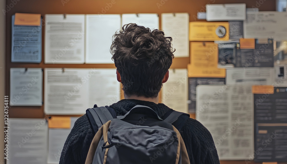 A student looking at a bulletin board full of semester schedules and event announcements - A student looking at a bulletin board full of semester schedules and event announcements -