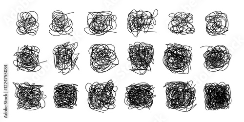 Curls abstract scribble with hand drawn chaotic lines. Doodle curls, swirls, flourishes, chaotic lines collection. Simple vintage chaotic lines elements isolated on white background for design