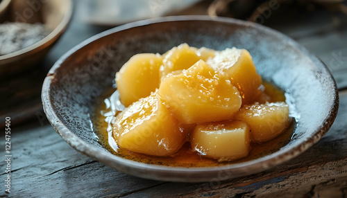 A traditional plate of tulumba dessert with a golden, syrupy finish, served on a rustic table  - photo