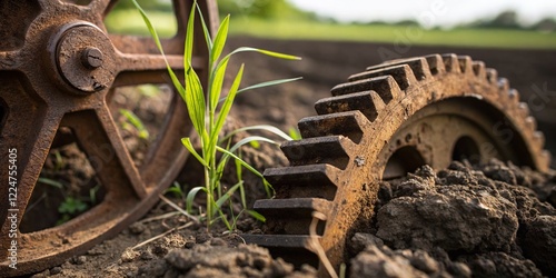 Macro Shot: Industrial Gears & Earth, Environmental Impact of Manufacturing photo