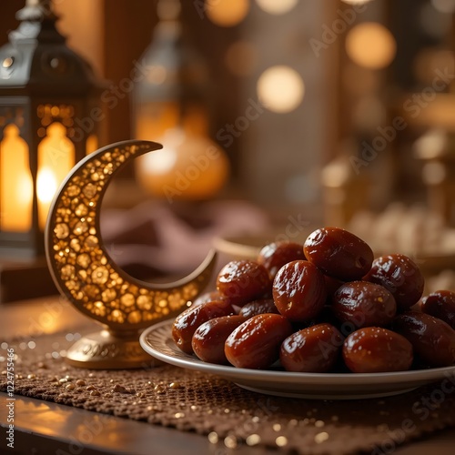 Ramadan still life with dates in a bowl with crescent  photo