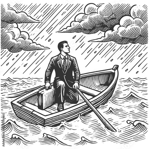 businessman sitting in a rowboat, hand on head, reflecting amidst turbulent waters and distant ship sketch engraving generative ai vector illustration. Scratch board imitation. Black and white image.