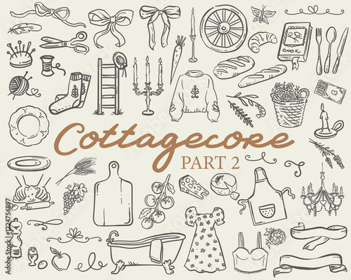 Beautiful hand drawn whimsical style cottagecore vector set illustration