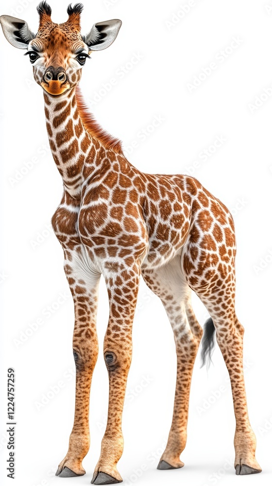 Obraz premium Experience the charm of a baby giraffe standing gracefully against a simple backdrop showcasing its unique coat pattern and curious expression