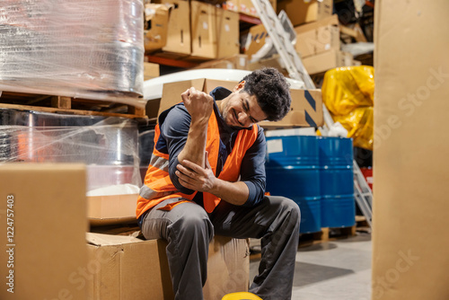Canvas Print Interracial storage worker with injured arm sitting at warehouse surrounded by boxes and shipment