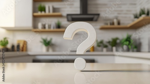 White question mark sculpture on a kitchen countertop surrounded by greenery and shelves featuring plants