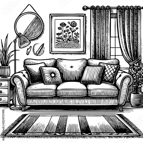Living room sketch engraving black and white outline. Scratch board imitation.  illustrated in vintage line art style on a white background.
