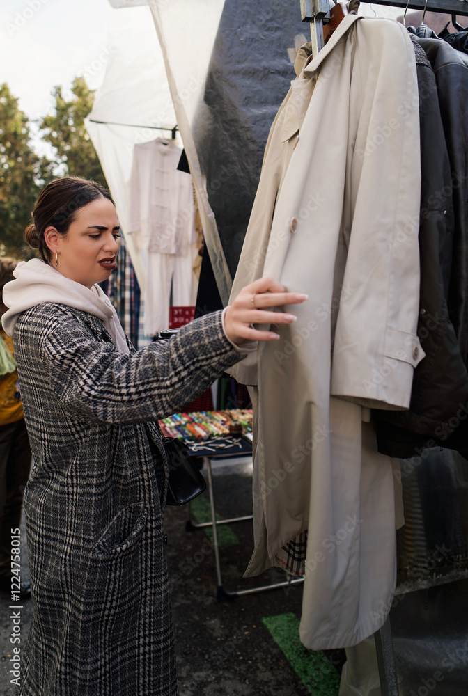 Woman choosing clothes at el rastro flea market in madrid