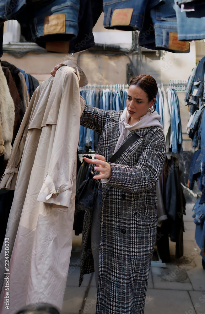Fototapeta premium Woman choosing second hand clothes at el rastro flea market in madrid