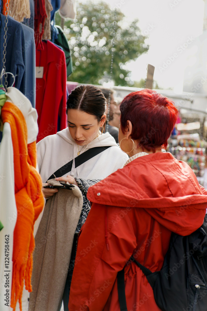 Women shopping second hand clothes at el rastro flea market madrid spain