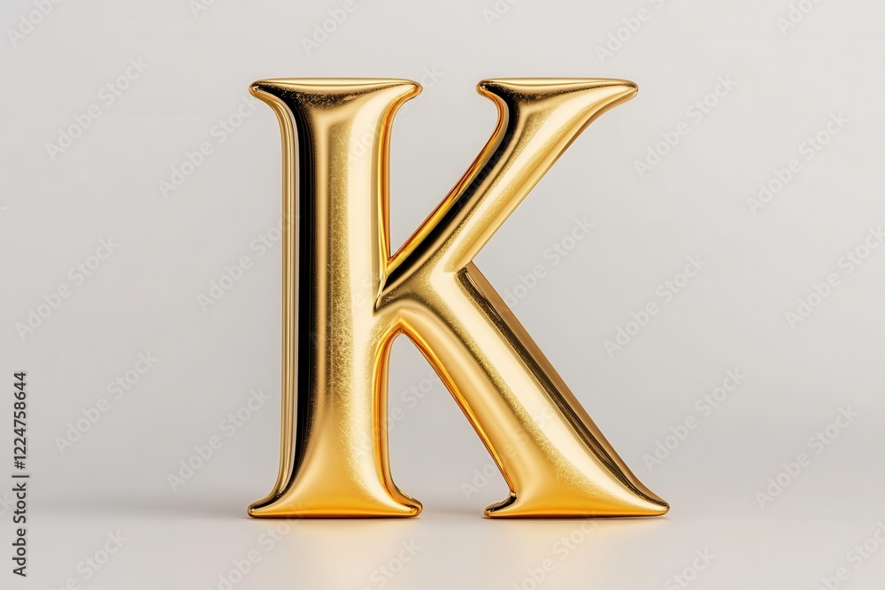Golden Letter K on a Soft Gray Background with a Reflective Surface Golden Letter K on a Soft Gray Background with a Reflective Surface