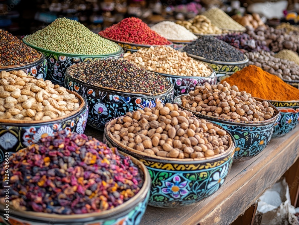Fototapeta premium A vibrant market scene showcasing an array of colorful spices and nuts in intricately designed bowls, with a bustling background of shoppers and vendors engaged in trade