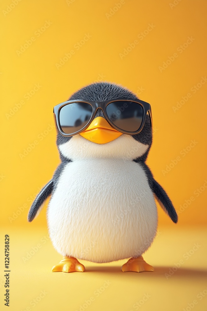 Obraz premium Cool Penguin Chick in Sunglasses on Yellow Background Summer Fun